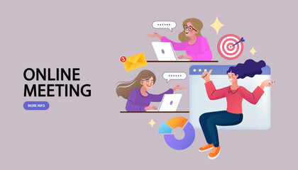 A group of people in an online meeting discuss a data-driven strategy, a vector illustration of virtual collaboration and goal setting with a bullseye target and pie chart.