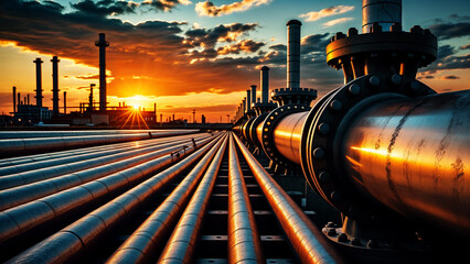 Petrochemical plant during sunset, with multiple pipes running parallel and a bright sun setting behind the structures.