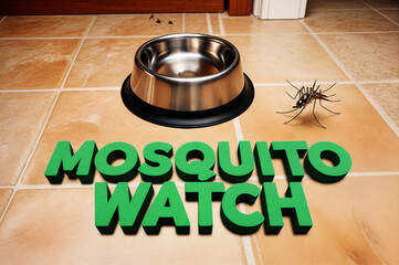 Metal dog bowl on a tiled floor, with a mosquito crawling nearby and another one perched on the bowl with text word "MOSQUITO WATCH" in green letters.