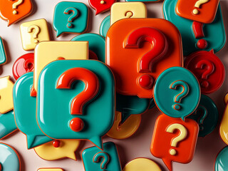 3d render illustration of a collection of colorful speech bubbles with question marks on them, scattered randomly across a plain background.