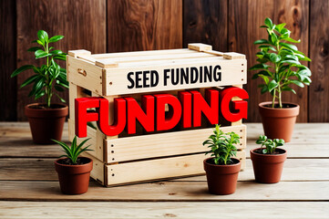 Wooden crate with the word text "Seed Funding" surrounded by potted plants.