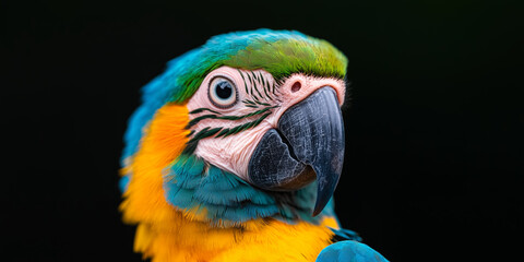 Portrait of colorful blue and yellow macaw parrot with detailed feathers and sharp beak on black background for wildlife and tropical themes