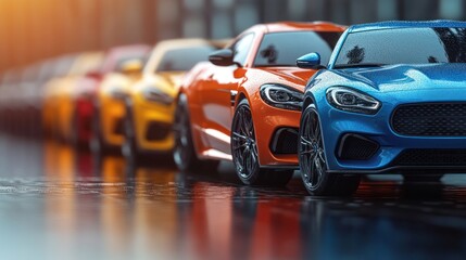 Obraz premium Colorful sports cars parked on rainy city street