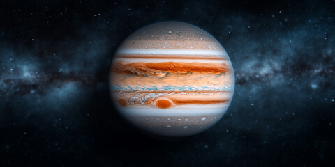 Naklejka premium 3d rendered of jupiter planet in deep space with visible storm patterns and gas textures for astronomy, science fiction and educational use