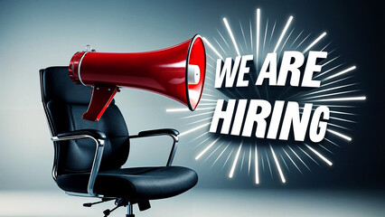 Red megaphone on an office chair with the text word "WE ARE HIRING" on the background of burst of blue light rays emanating from the megaphone, creating a dynamic and attention-grabbing effect.