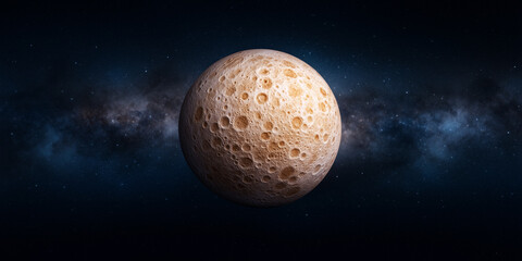 3d rendering of cratered planet or moon in outer space with galaxy background for astronomy, exploration, science fiction and cosmic design