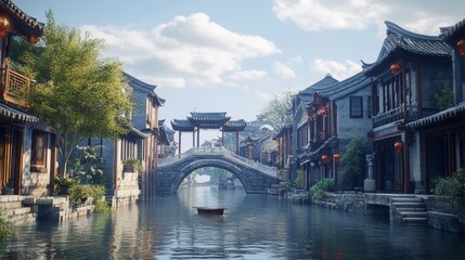 The ancient town of Jiangnan in Zhejiang, surrounded by many Chinese classical town buildings, is very tall and surrounded by giant buildings.