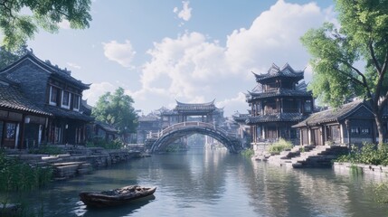 Obraz premium The ancient town of Jiangnan in Zhejiang, surrounded by many Chinese classical town buildings, is very tall and surrounded by giant buildings.