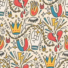 Girly punk rock crayon seamless pattern. Graffiti doodle marker endless background. Naive scribble hors, fire, crown repeat cover. Crayon beige continuous ornament. Vector hand drawn illustration.