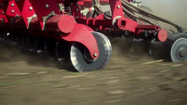 Close-Up Of Precision Air Seeder Disc Openers Cutting Soil And Planting Crops