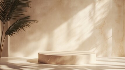 Beige round podium, sunlight, palm leaf, empty display,  product presentation