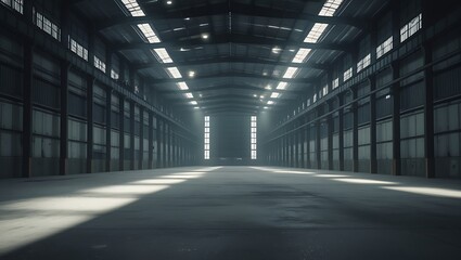 Empty Warehouse, Half-Lit, Industrial Lighting, Shadows, Vast Space

