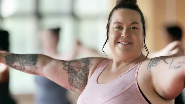 Plus size woman performing warrior two yoga pose, radiating confidence and wellness in serene fitness studio with peaceful smile and empowered stance