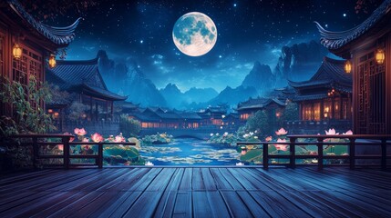 Obraz premium Front view.A picture of a Chinese mid-autumn scene.There is a moon in a dark blue sky with stars in the sky