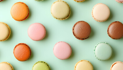 Obraz premium A flat lay of colorful macarons arranged in an aesthetically pleasing pattern on a pastel green background, with copy space for text or graphics