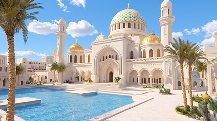 Naklejka premium Luxurious Palace with Golden Dome and Palm Trees Surrounding a Sparkling Pool under Clear Blue Sky