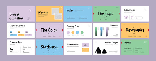 Brand identity design template. Creative brand guidelines layout. Logo and brand strategy guide. Brand manual presentation. Brand strategy design. Logo guideline book.	