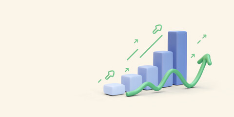 Vertical bar chart with up arrows in 3d realistic style isolated on light background. Vector illustration