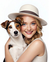 Beautiful Woman with Dog:  Portrait, Hat, Jack Russell Terrier
