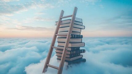 Books on Ladder Above Clouds; Educational Journey; Inspiring; Aspirational; Visual Metaphor