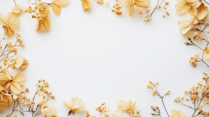Dried flowers border on white background,  ideal for  a minimalist design