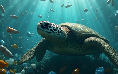Fototapeta premium A sea turtle in an ocean polluted by plastic trash. A threat to nature.