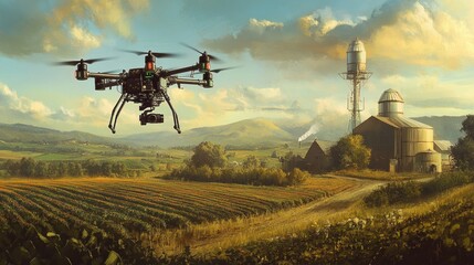 Drone surveying farmland; rural landscape with farm buildings; aerial photography