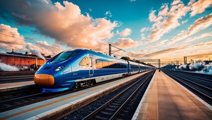 Fototapeta premium The sleek design of the train contrasts beautifully with the sunset.