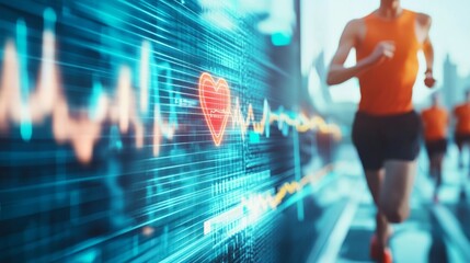 A high tech AI powered wearable health tracker, monitoring heart rate during a marathon, futuristic sports setting