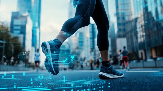 A high tech AI powered wearable health tracker, monitoring heart rate during a marathon, futuristic sports setting