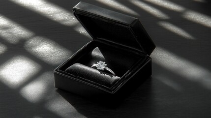 Elegant diamond ring in a black gift box, sunlight patterns on dark wooden surface