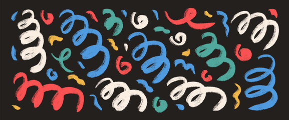 Multi colors wavy crayon squiggle lines background. Wave abstract spiral party confetti set. Curve birthday celebration swirls decoration on dark bd. Bright hand drawn vector illustration.