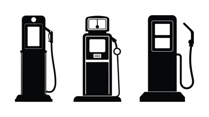 A set of three old gas station pump vector silhouette designs. Simple collection. Isolated bundle on white background.