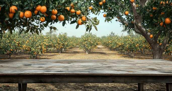Un arrière-plan d'un verger d'orangers avec les fruits suspendus aux arbres, table en bois au premier plan, concept de présentation de produits mettant en valeur des aliments sains et naturels.
