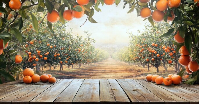 Un arrière-plan d'un verger d'orangers avec les fruits suspendus aux arbres, table en bois au premier plan, concept de présentation de produits mettant en valeur des aliments sains et naturels.