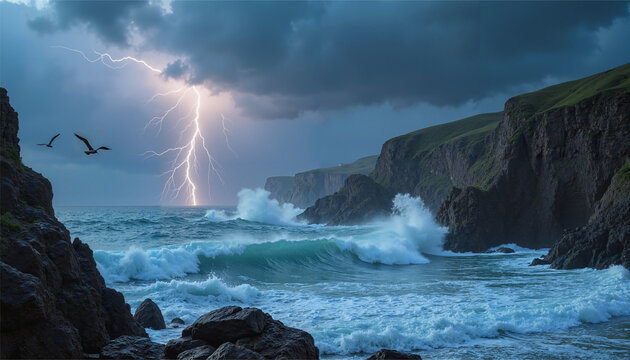 Dramatic Storm with Lightning and Thunderclouds in Dark Tones, Nature Power Concept with Copy Space