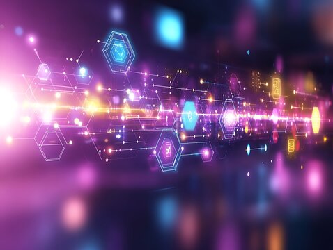 Glowing digital connections and hexagonal shapes represent complex data