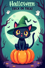 Fototapeta premium Smiling black cat wearing a green witch hat sitting on a pumpkin under a teal full moon, playful Halloween concept.