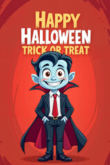 Cartoon vampire boy smiling in Halloween costume on orange background with “Happy Halloween Trick or Treat” text — festive poster or party invitation flyer.