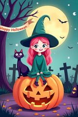 Young witch girl joyfully sitting on a large pumpkin beside a black cat, against a haunted tree and spooky tombstones, Halloween enchantment concept.