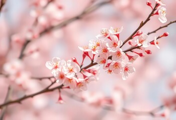 Fototapeta premium Abstract pastel spring background featuring delicate apricot blossom branches, soft focus, blurred petals, pastel design, floral
