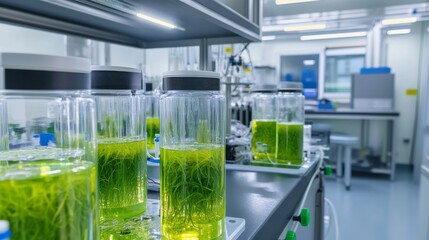 A high tech biofuel research facility, AI-driven analysis of algae-based energy solutions, sterile and futuristic laboratory