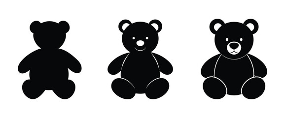 A set of three classic teddy bear vector silhouette designs. Simple collection. Isolated bundle on white background.