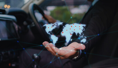 A businessman in a car interacts with a world map displaying location pins, symbolizing global connectivity, innovation, and advanced navigation technology. Ideal for futuristic and business themes.