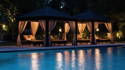 Elegant outdoor cabanas by pool at night