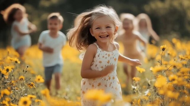 Happy children running towards the camera in a sunny field of sunflowers