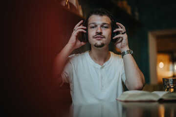 A relaxed young man wearing headphones enjoys music in a warm, cozy environment, creating a sense...