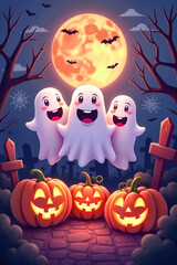 Three cheerful cartoon ghosts floating above glowing carved pumpkins in a spooky graveyard under a full moon, Halloween celebration concept.