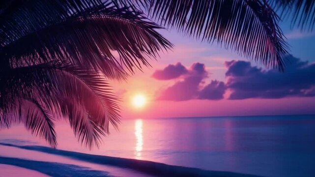 Stunning tropical sunset over calm ocean with palm trees in silhouette