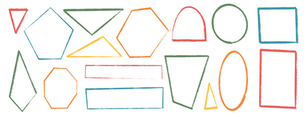 Brush stroke kids geometric shapes set. Text boxes paint textured thin line frames pack. Rounded and square borders figures. Vector hand drawn quotation stickers shapes. Triangle grunge callout design